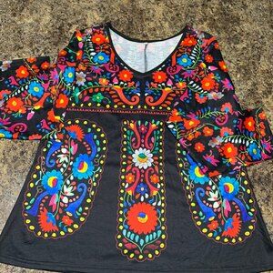 Long sleeve scoop neck FIESTA top, bright colors front, back and sleeves